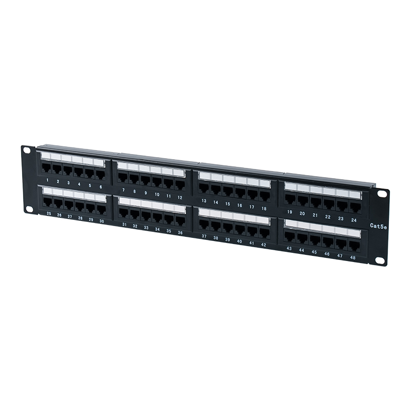 Cat5e 19 インチ 2U シールドなし 48 ポート パッチ パネル (デュアル目的 IDC、プラスチック ボール紙インサート付き) SP-3204D48-C5E